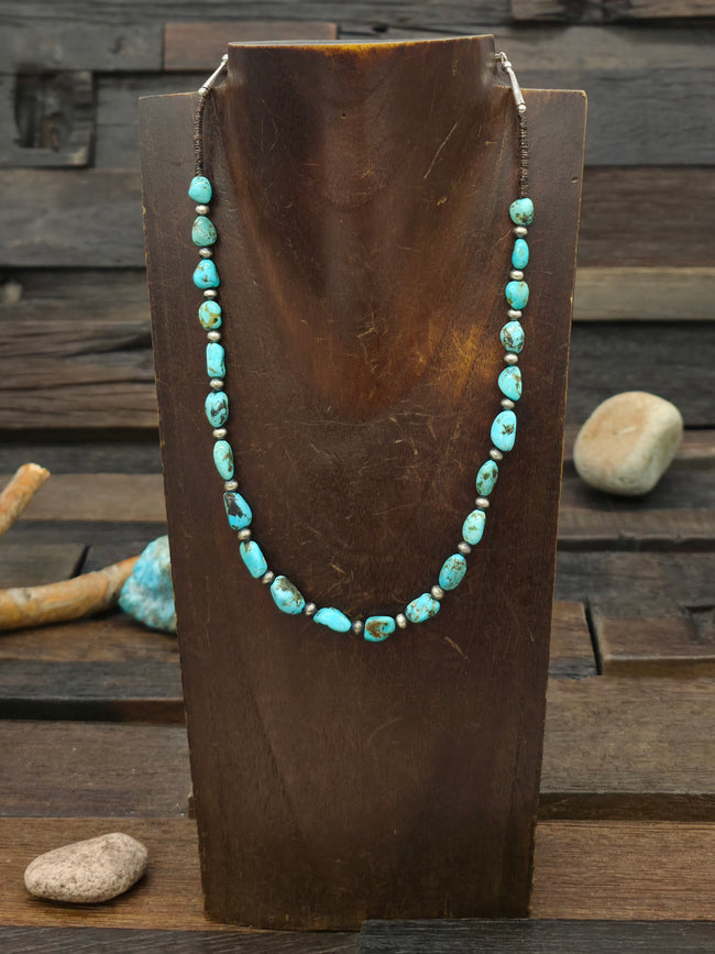 Sterling Silver and Turquoise Bead Necklace with Heishi - 15 in. plus 3 in. Extender