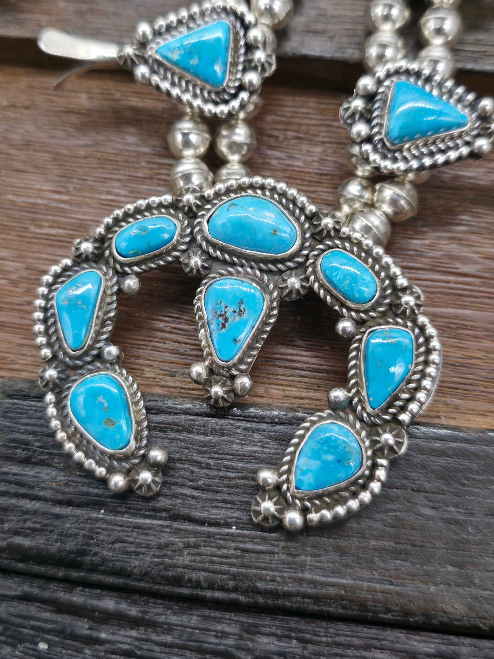 Sterling Silver Turquoise Squash Blossom Necklace and Earring Set by Rosella Paxson - 27 in.