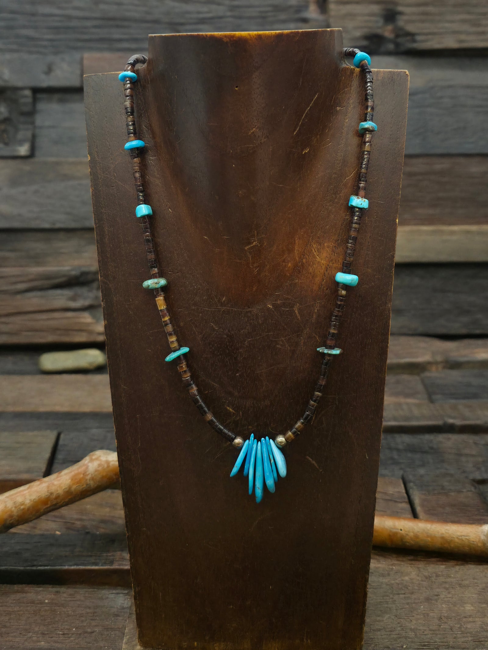 Turquoise Silver and Olive Shell Heishi Bead Necklace - 20 in.