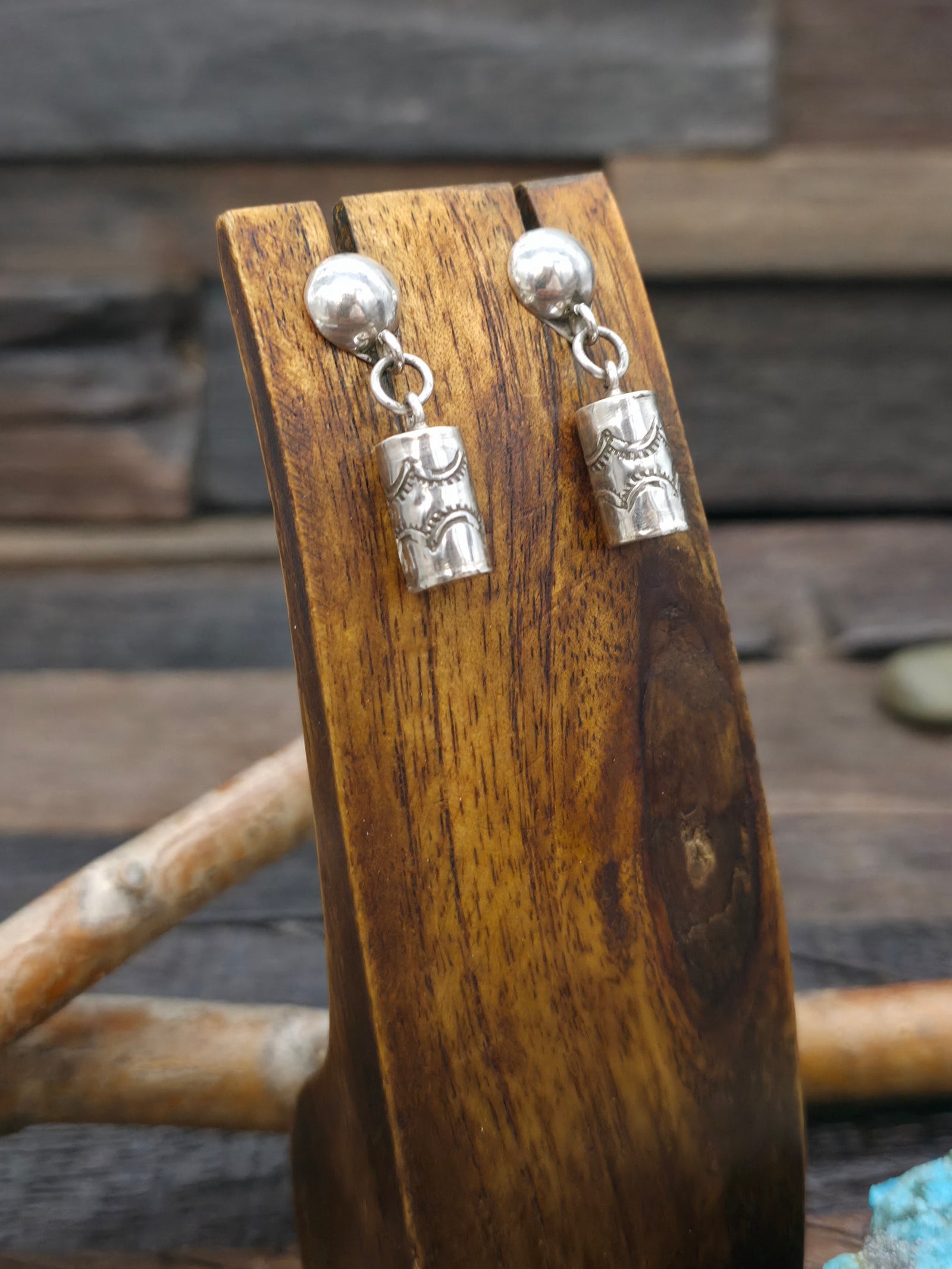 Stamped Sterling Silver Barrel Bead Earrings