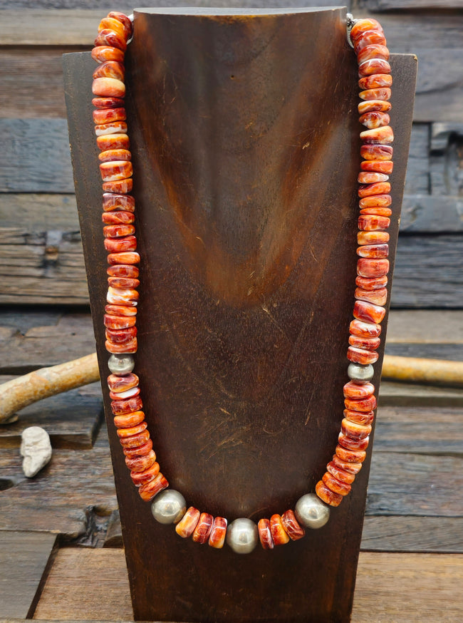 Spiny Oyster and Sterling Silver Bead Necklace by Mary Sandoval - 20 in