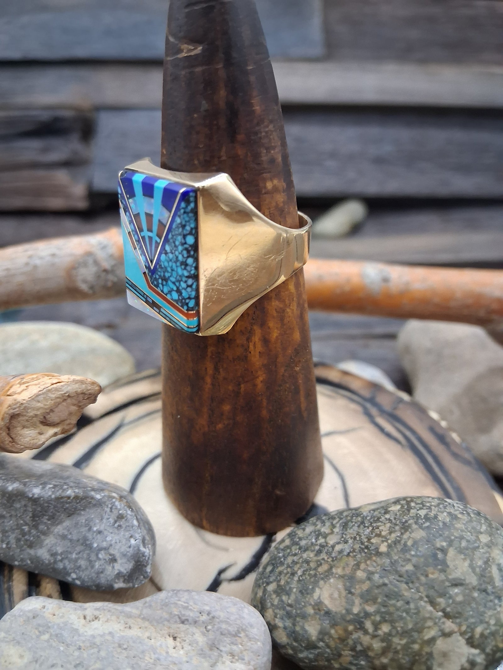 14 KT Gold Lapis Lazuli Turquoise Coral Inlay Ring Size 12.5 by Julian Arviso