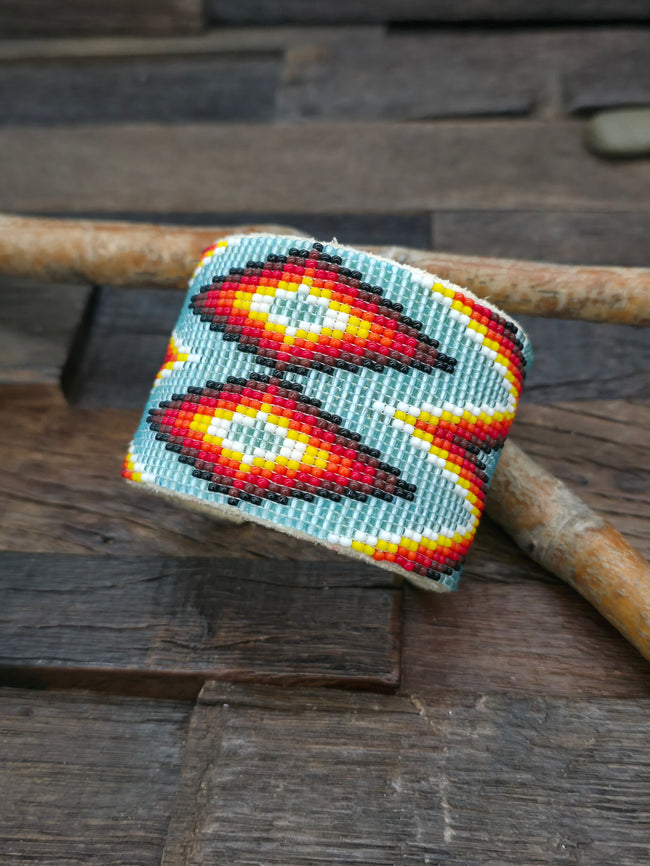 Wide Beadwork Cuff by Jacqueline Cleveland - Blue, White, Yellow, Orange - 7 1/2  in.