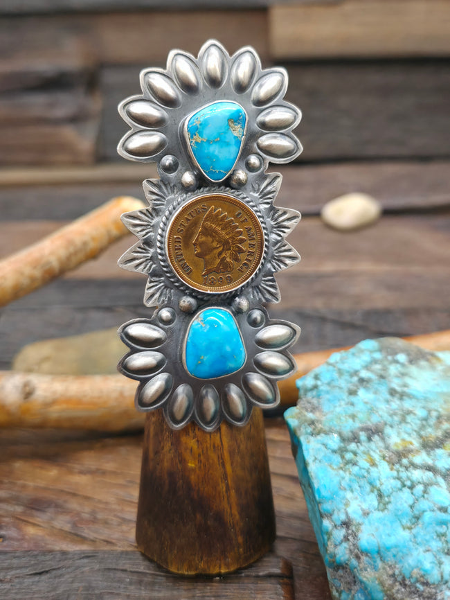 Stamped Sterling Silver Ring with Kingman Turquoise and 1899 Copper Penny by Robert Jackson - Adjustable