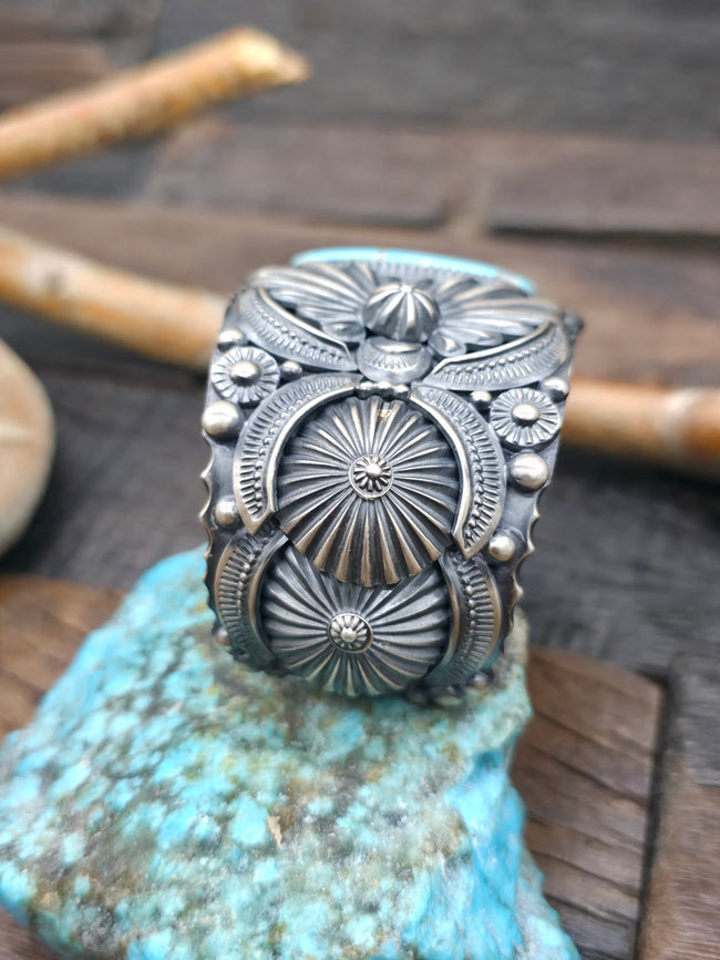 Stamped Sterling Silver Applique Turquoise Bracelet by Delbert Gordon - 7 in. with Gap