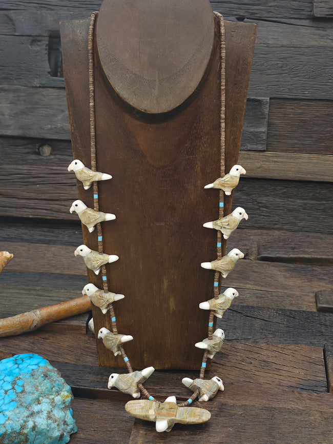 Serpentine 13 Eagle Necklace with Shell Heishi by Matt Mitchell - 28 in.