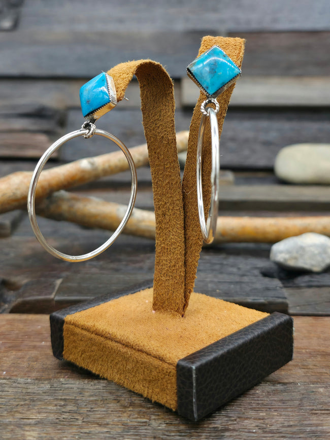Blue Turquoise and Smooth Sterling Silver Hanging Hoop Earrings by Ryntanna Yazzie