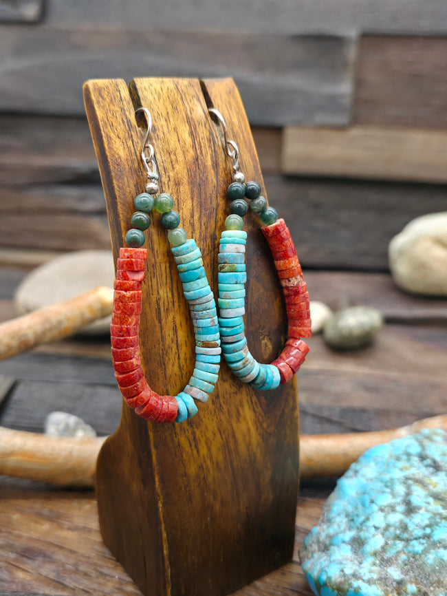 Turquoise and Apple Coral Colorblock Heishi Earrings by Fred Archuleta