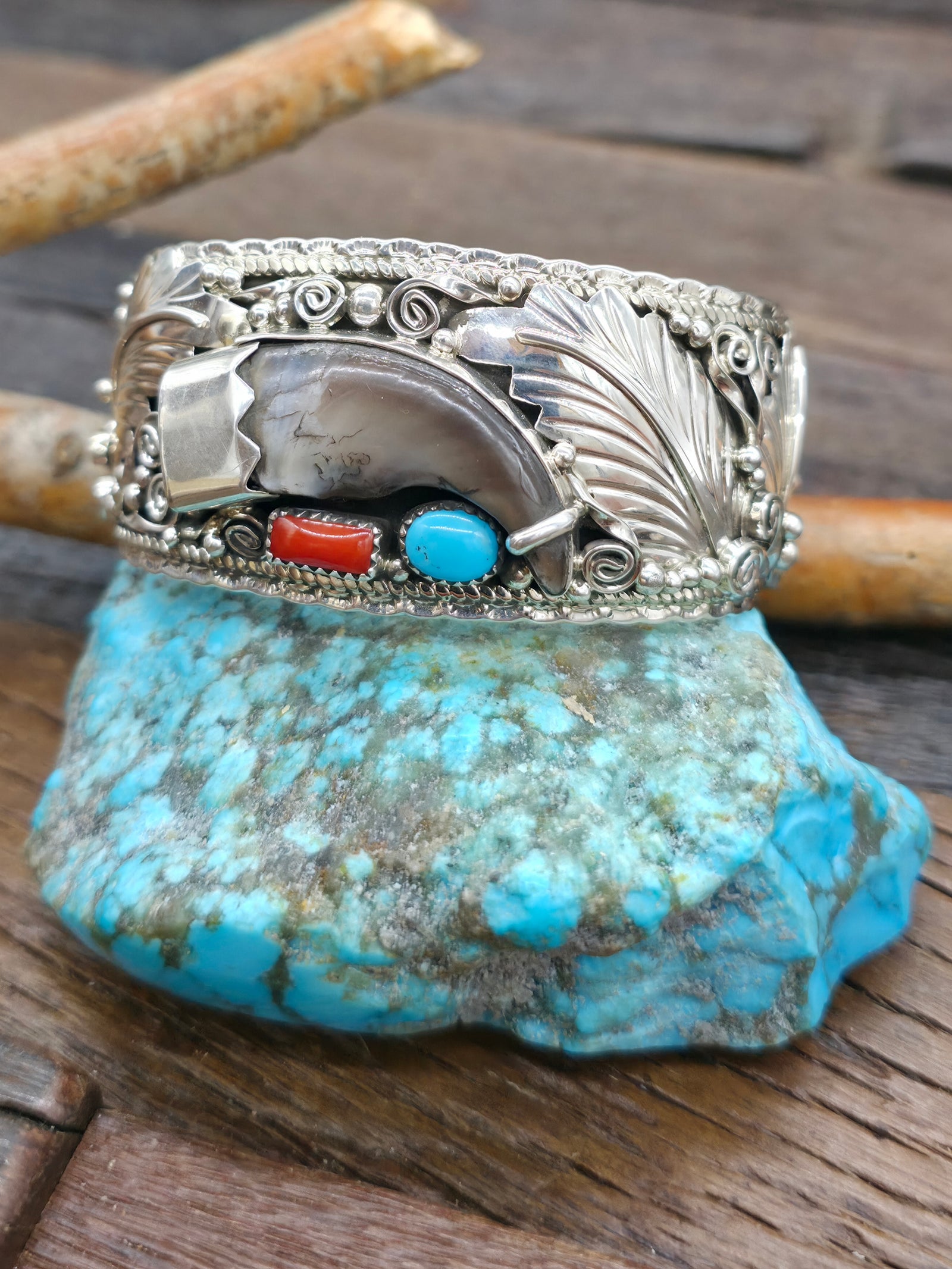 Sterling Silver Leaf Applique Cuff with Bear Claw, Turquoise, and Coral - 6 1/2 in. with Gap