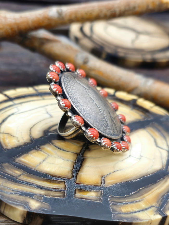 Eagle Dollar Coin Ring with Coral - Size 8.5