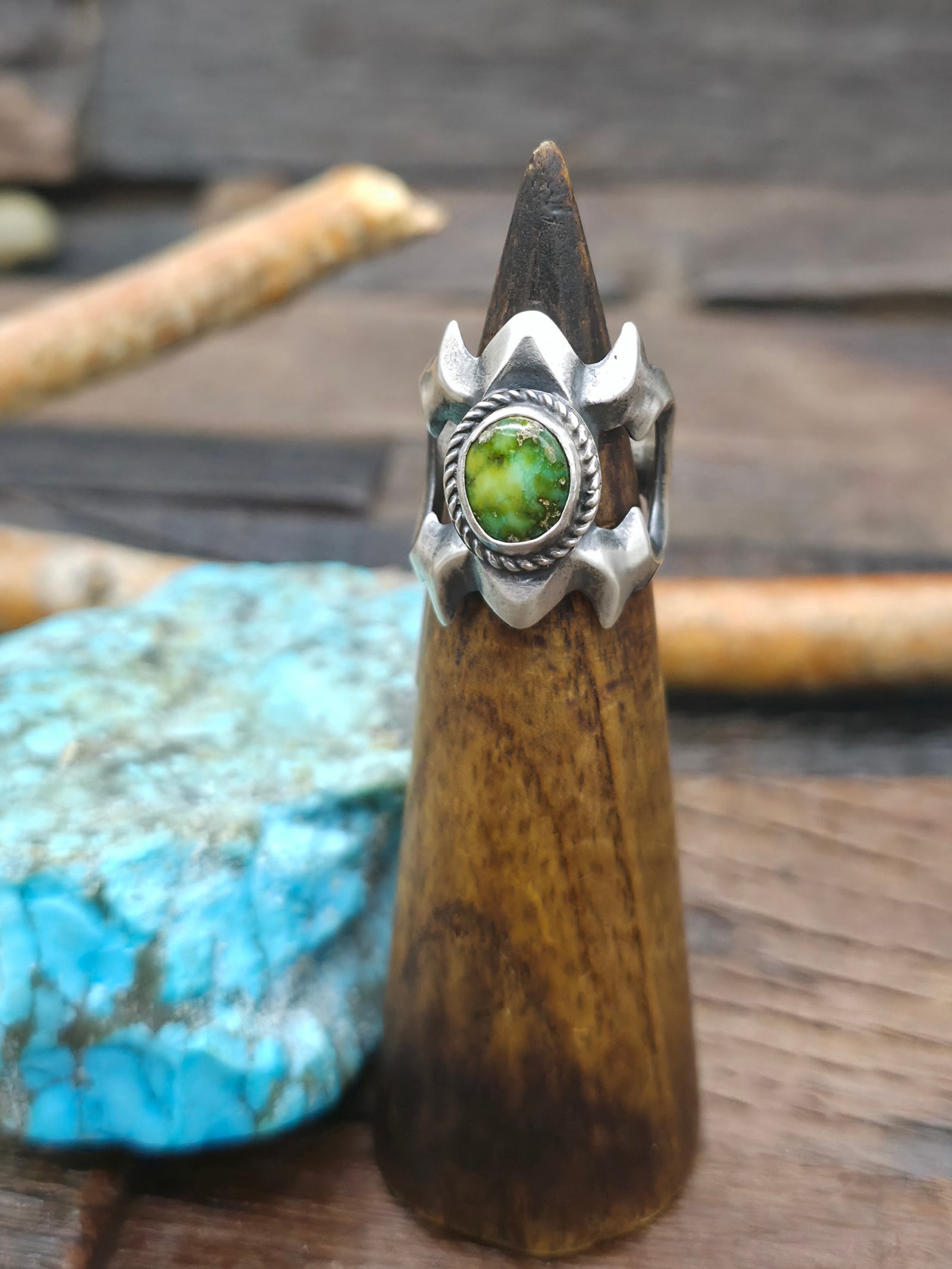 Cast Sterling Silver Sonoran Turquoise Ring by Harrison Bitsue - Size 7