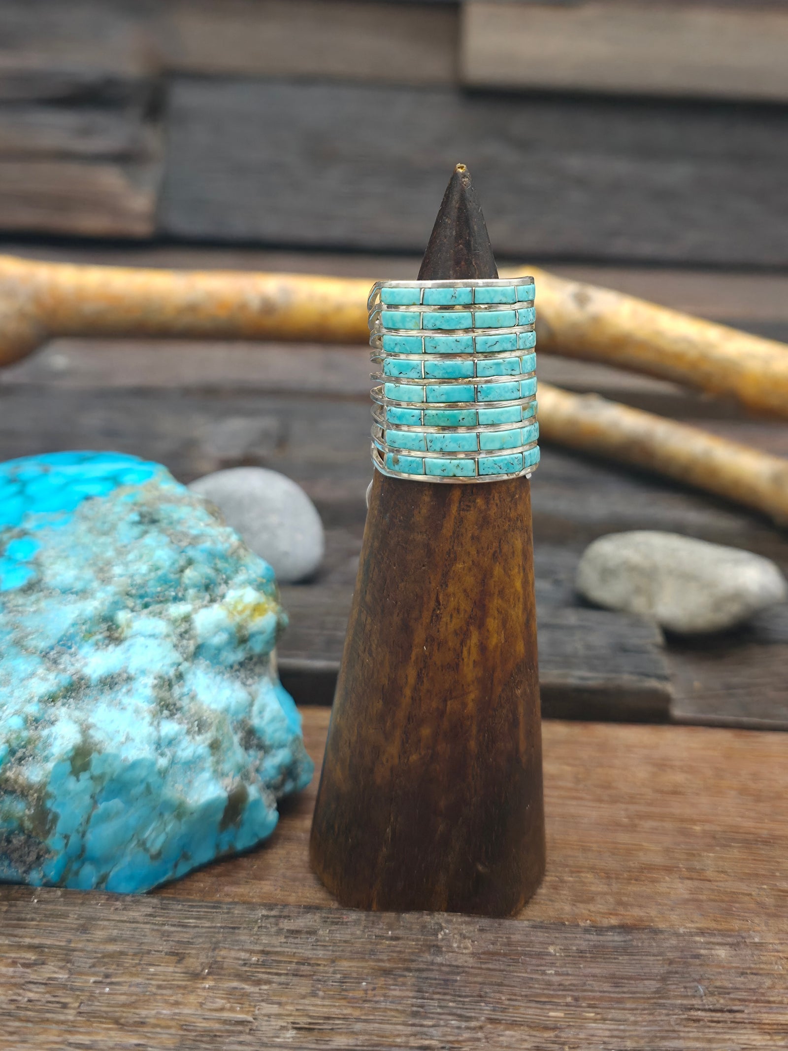 Eight Row Turquoise Sterling Silver Inlay Ring by Clarence Kallestewa - Size 8 1/2