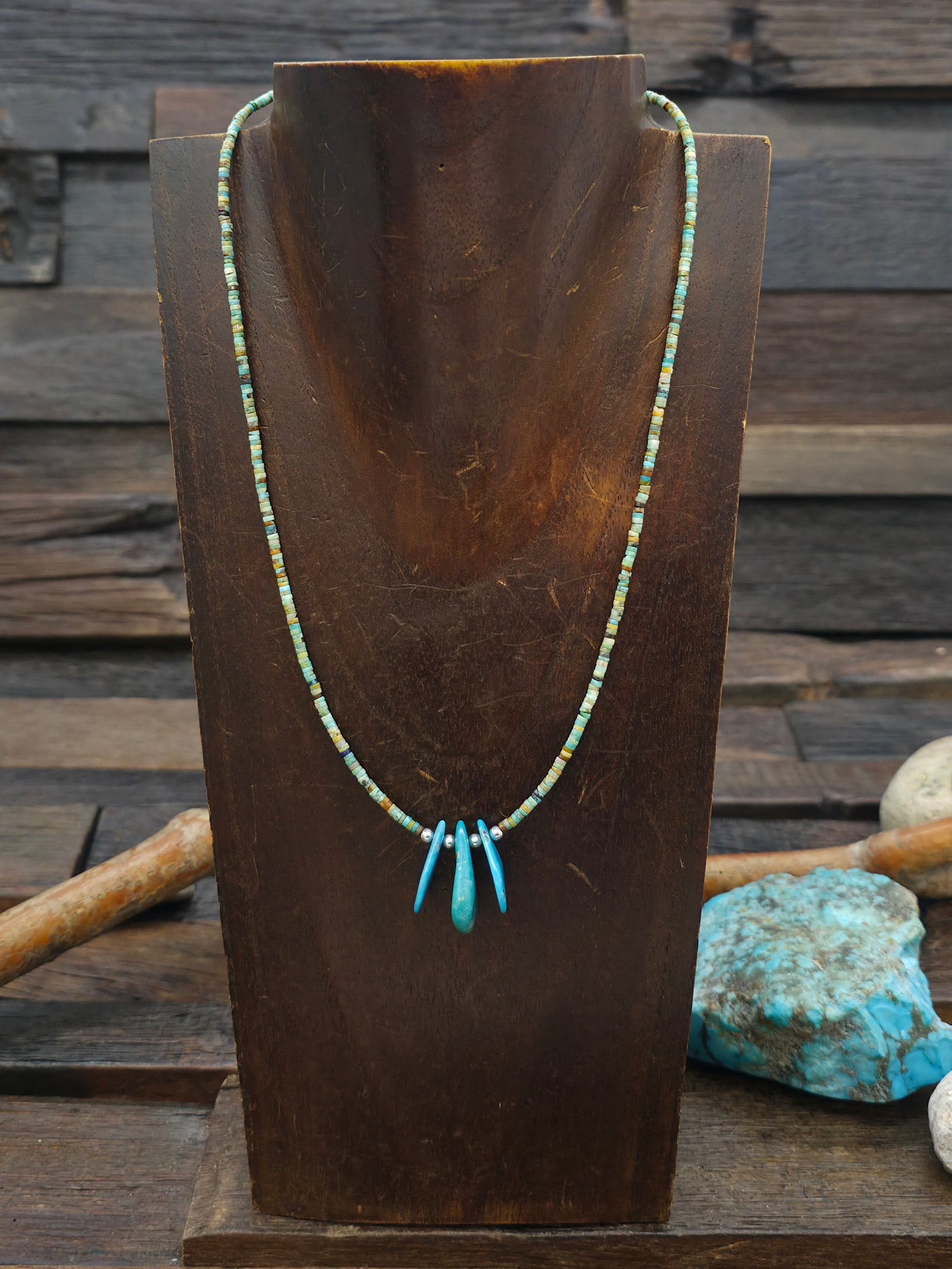 Green Turquoise Heishi Necklace with Blue Turquoise Tabs - 17 in.