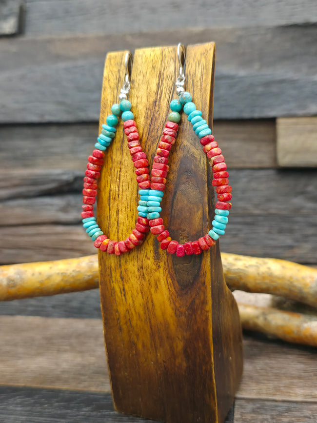 Apple Coral and Blue Turquoise Loop Earrings by Fred Archuleta - 3 in. by 1 in.