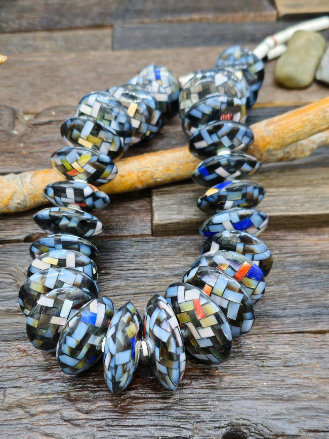 Mosaic Inlay Disc Bead Necklace by Charlene Reano - 24 in