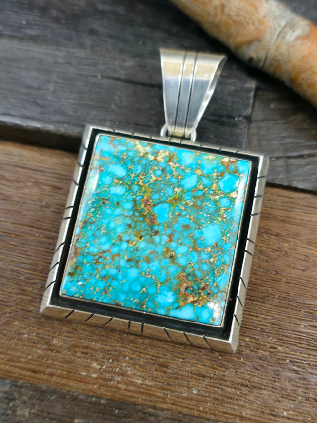 Square Sterling Silver Turquoise Pendant by C. Willie