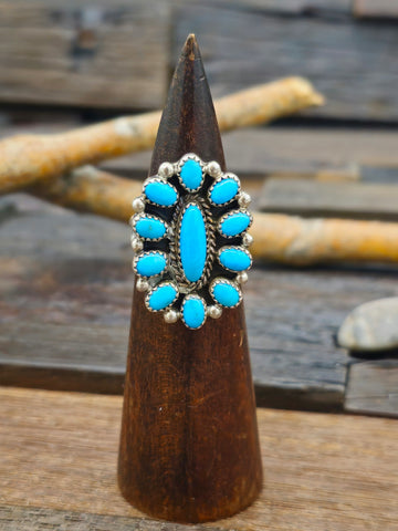 Orange Spiny and Turquoise Cobblestone Inlay Sterling Silver Ring by Albert Topaha - Size 5