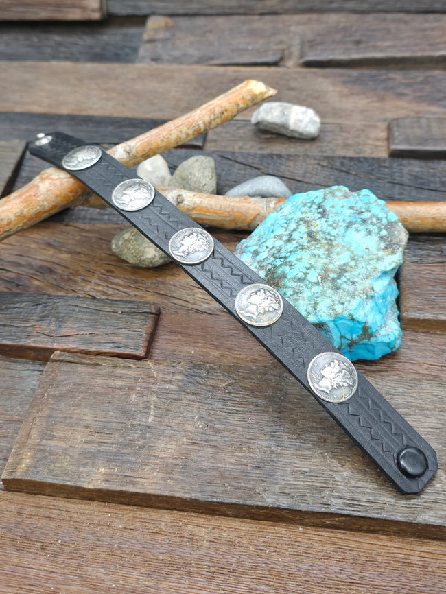 Mercury Dime Black Leather Snap Bracelet - 9 in.