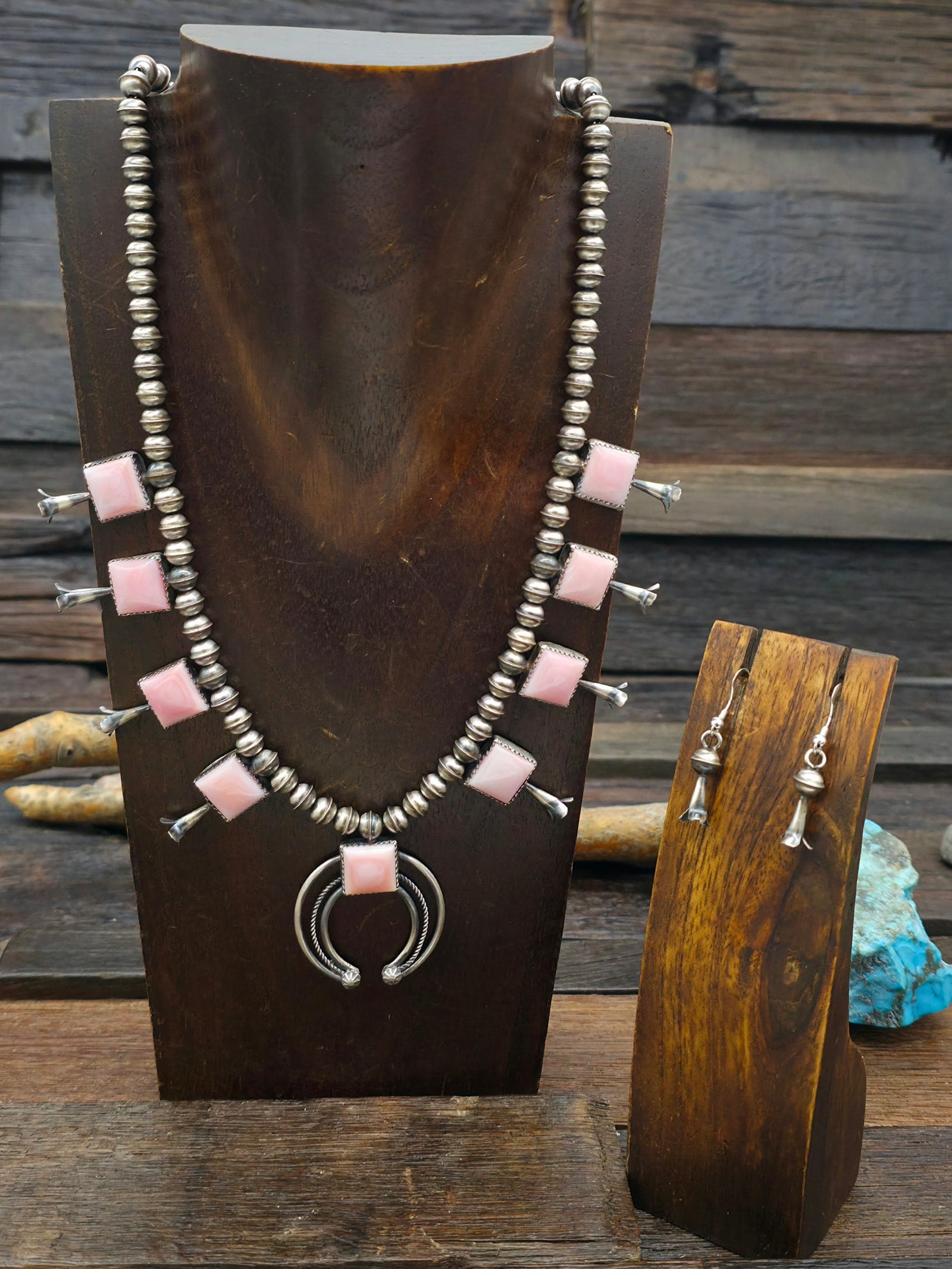 Sterling Silver Pink Conch Shell Squash Blossom Necklace and Earring Set by Phil Garcia - 20 in.