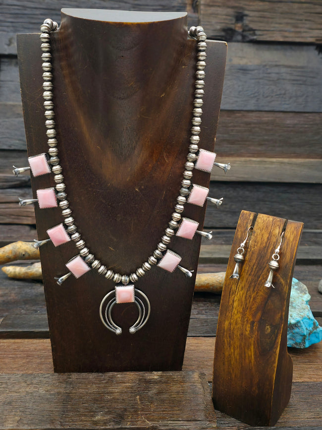 Sterling Silver Pink Conch Shell Squash Blossom Necklace and Earring Set by Phil Garcia - 20 in.