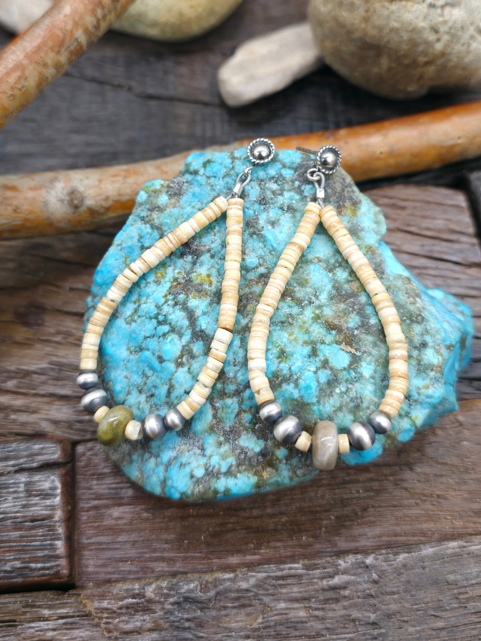 Post Heishi and Sterling Silver Bead Earrings with Serpentine by Mary Vandever - 2 1/2 in. by 1 in.