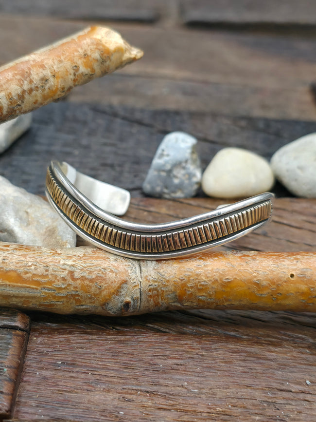 Wide Sterling Silver 14K Gold Alternating Linear Wave Bracelet by Bruce Morgan - 6 in.