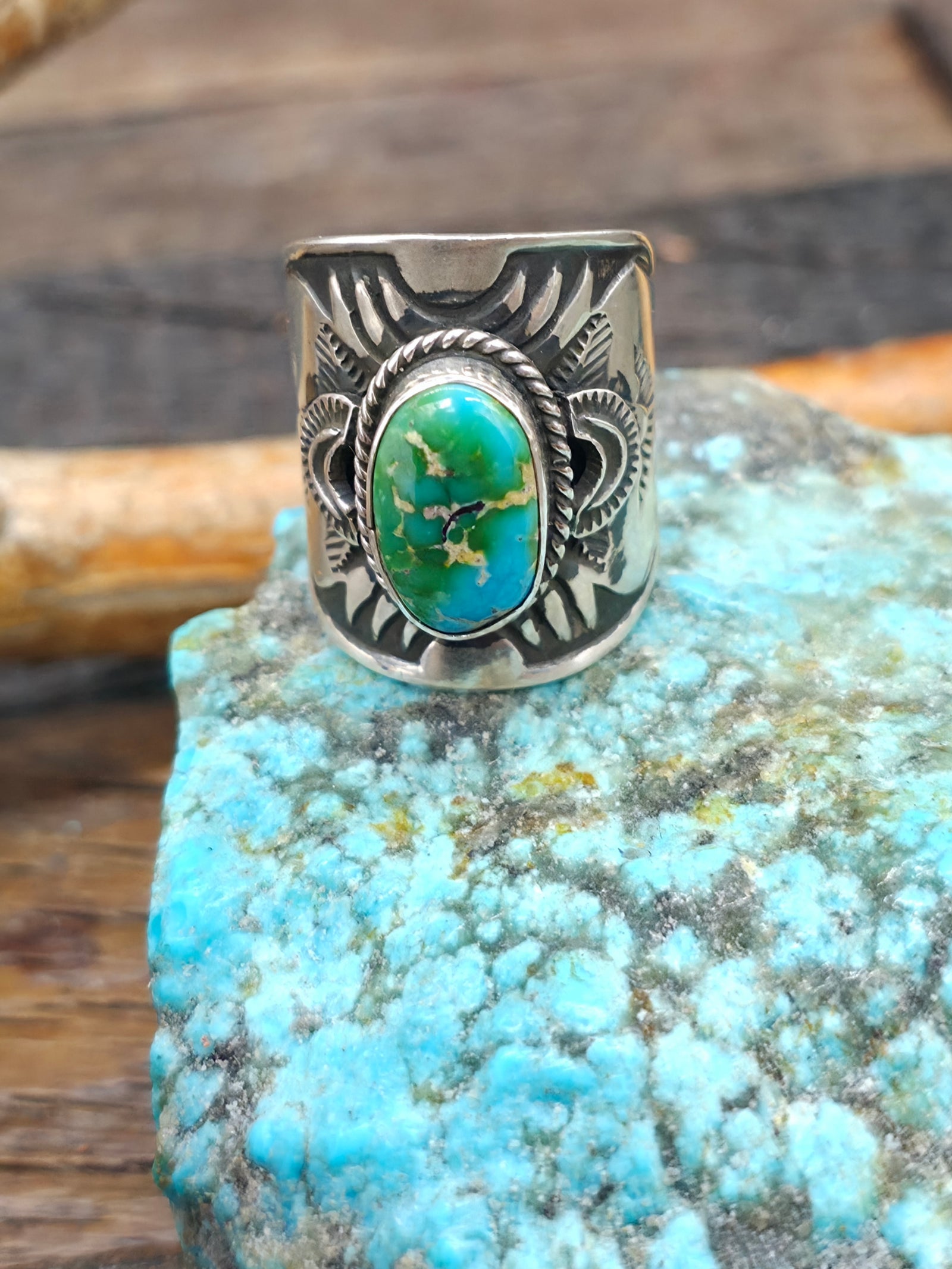 Stamped Sterling Silver Sonoran Turquoise Ring by Derrick Gordon - Size 8