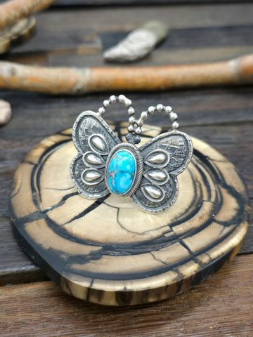 Large Sterling Silver Turquoise Cluster Statement Ring by Geneva Apachito - Size 9