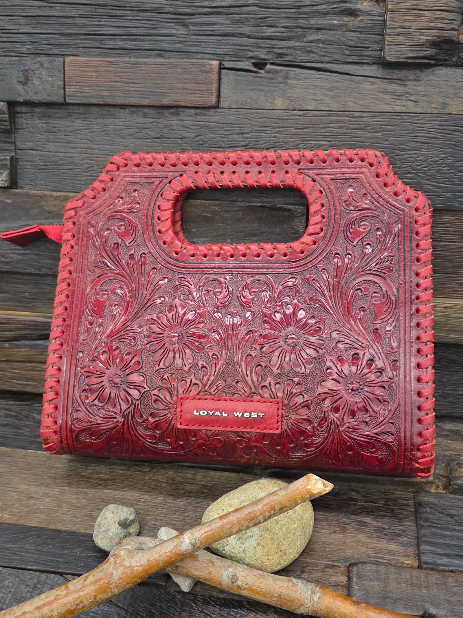 Clutch with Crossbody Strap - Red Handtooled Leather and Calfskin by Loyal West