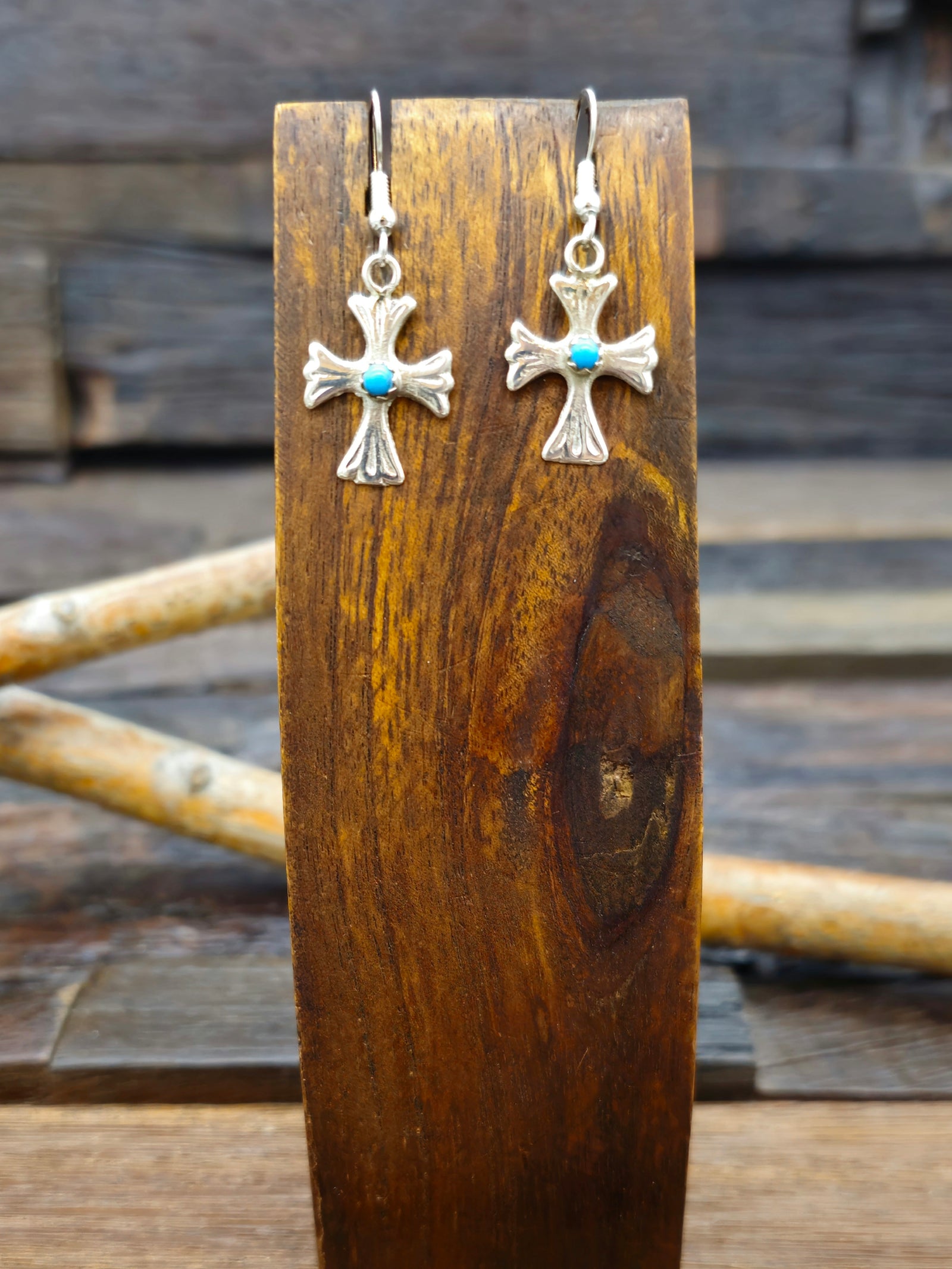 Sterling Silver and Turquoise Cross Earrings by Lorraine Chee - 1 1/2 in