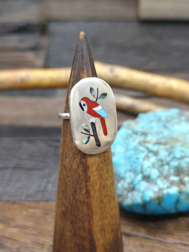 Sterling Silver Coral, Turquoise, and Shell Inlay Parrot Ring by S.C. Edaakie - Size 7 1/2