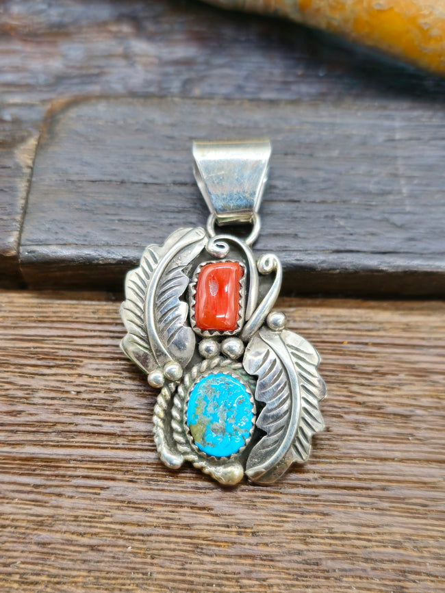 Turquoise and Coral Pendant with Sterling Silver Leaf by Julia Etsitty