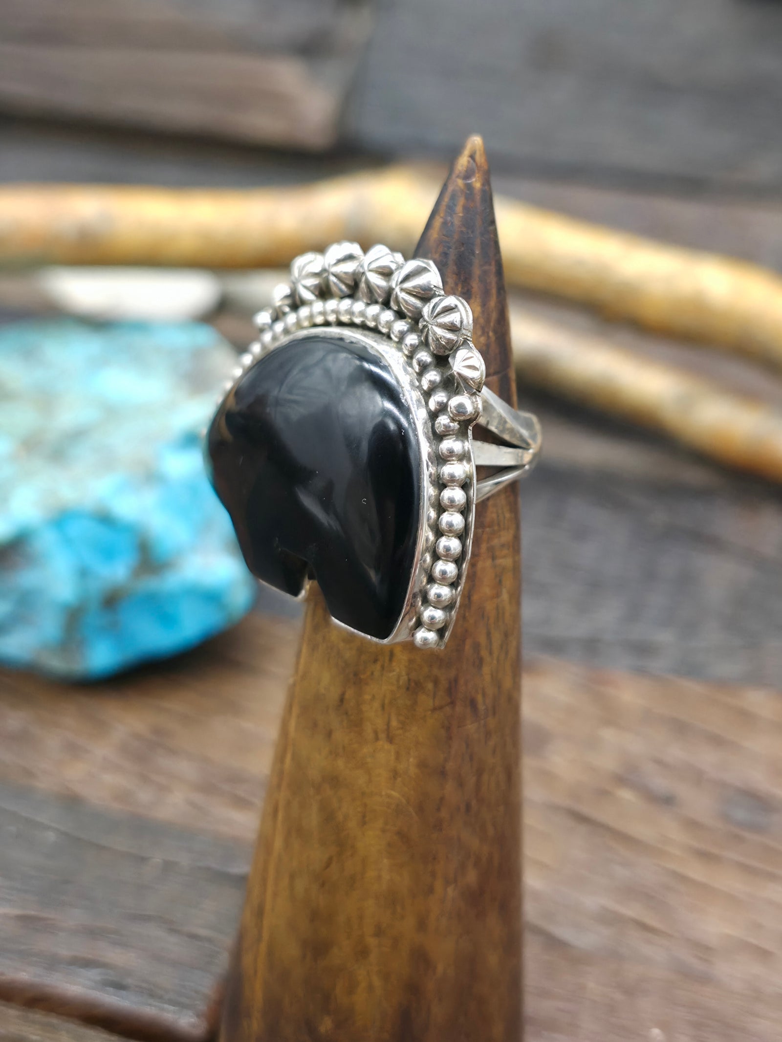 Sterling Silver Black Onyx Bear Ring - Size 7