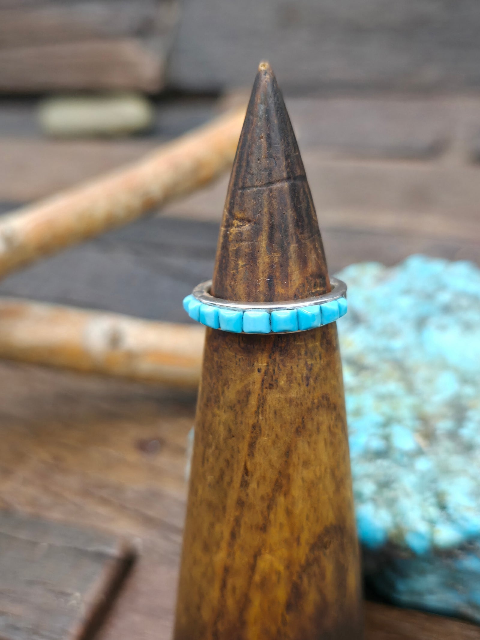 Turquoise Cobblestone Inlay Sterling Silver Ring by Albert Topaha - Size 7