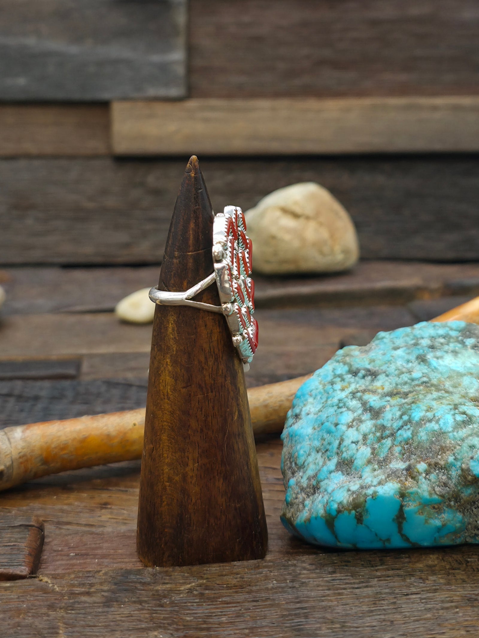 Sterling Silver and Coral Heart Ring by M. Begay - Size 8