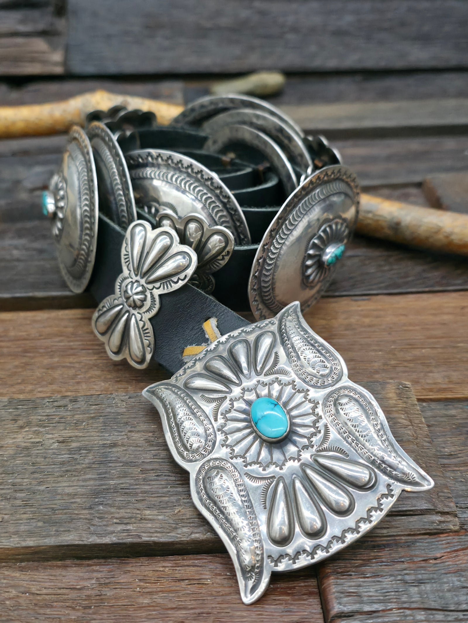 Vintage/Estate Stamped Sterling Silver Turquoise Concho Belt by Gilbert Tom - 46 in.