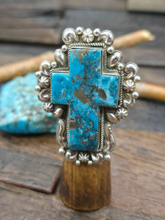 Repousse Stamped Sterling Silver Turquoise Cross Ring by Richard Jim - Adjustable