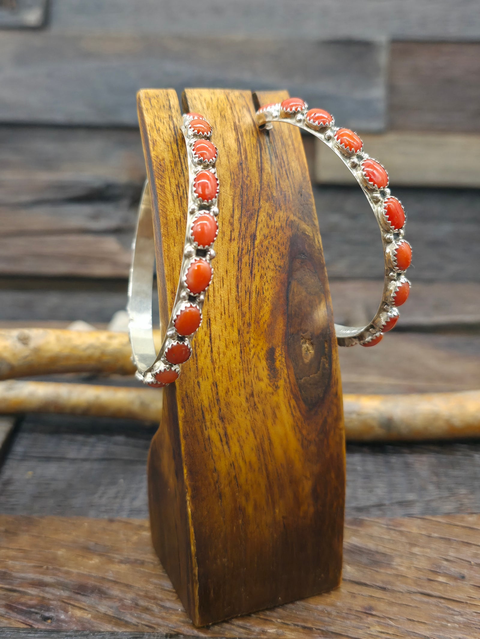 Large Sterling Silver Coral Hoop Earrings - 2 1/2 in.