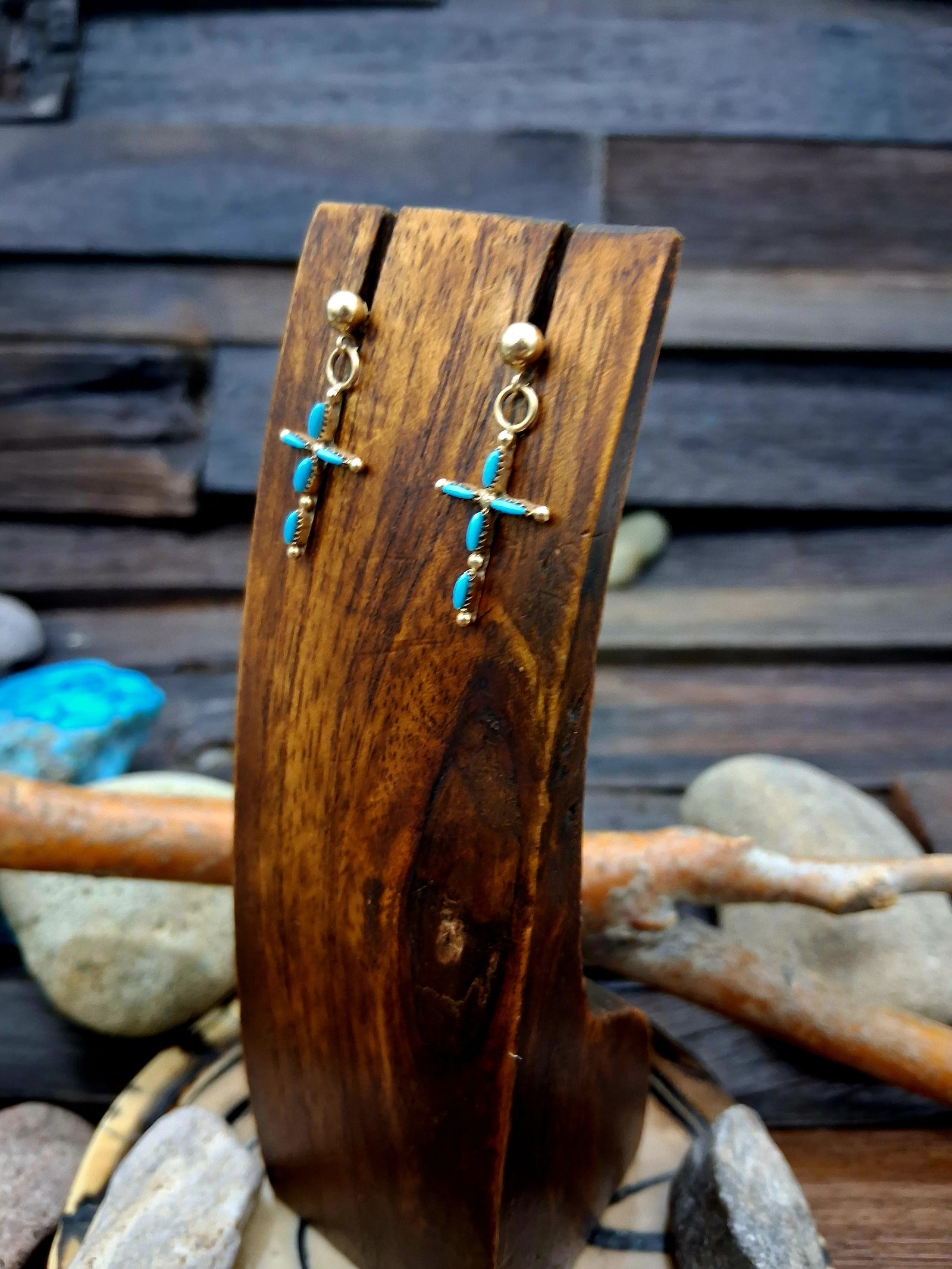 14 KT Gold Sleeping Beauty Turquoise Inlay Cross Earrings