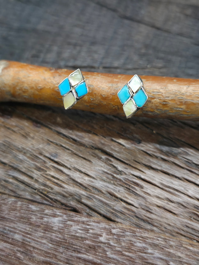 Sterling Silver Turquoise and Yellow Mother of Pearl Inlay Post Earrings - 1/2 in. by 3/8 in.