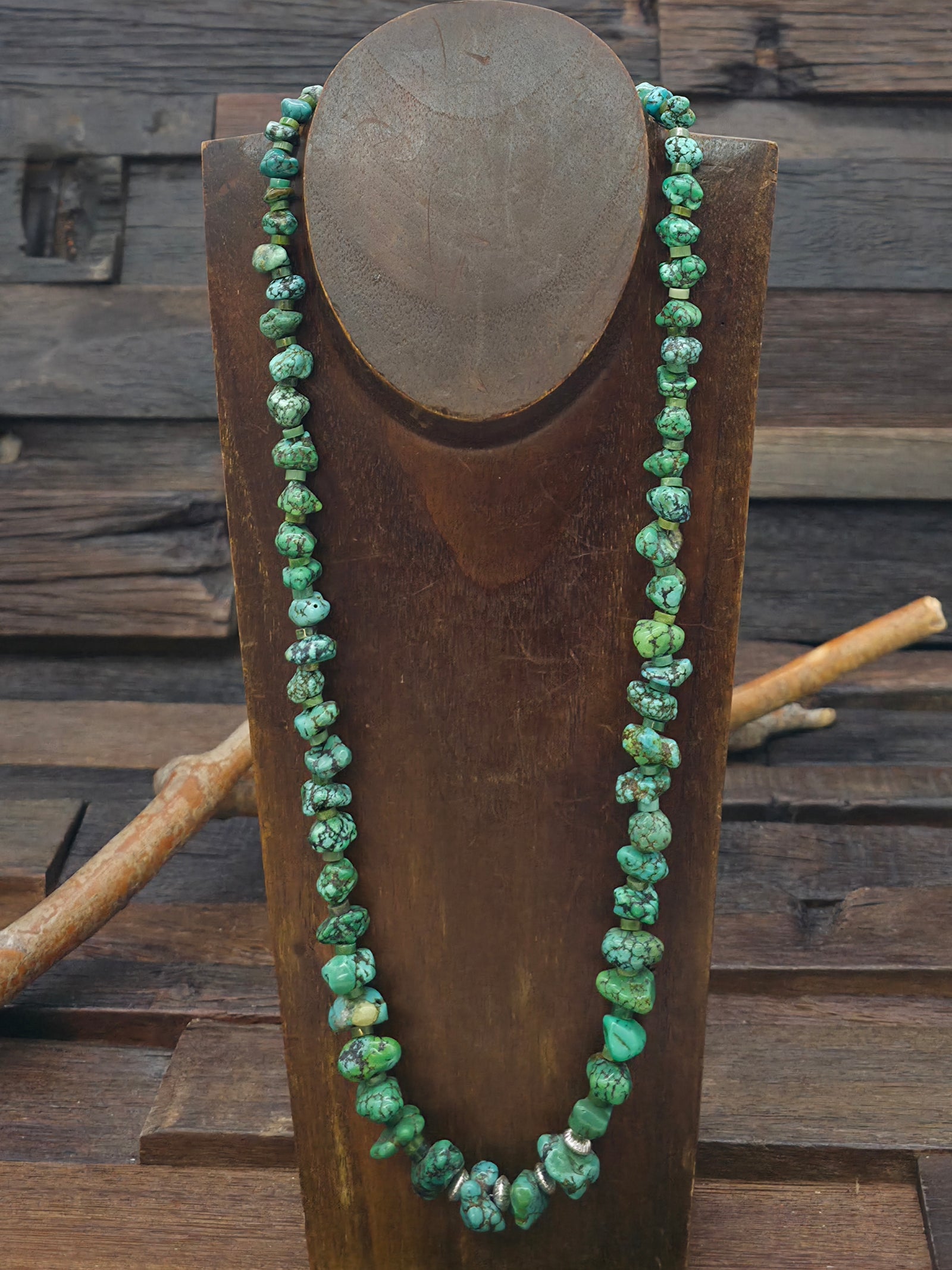 Green Sky Horse Turquoise and Sterling Silver Bead Necklace - 24 in.