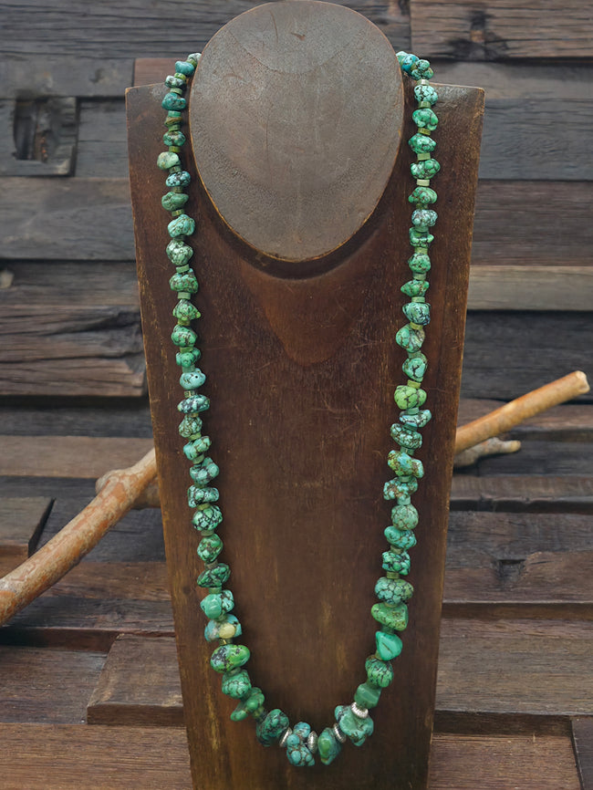 Green Sky Horse Turquoise and Sterling Silver Bead Necklace - 24 in.