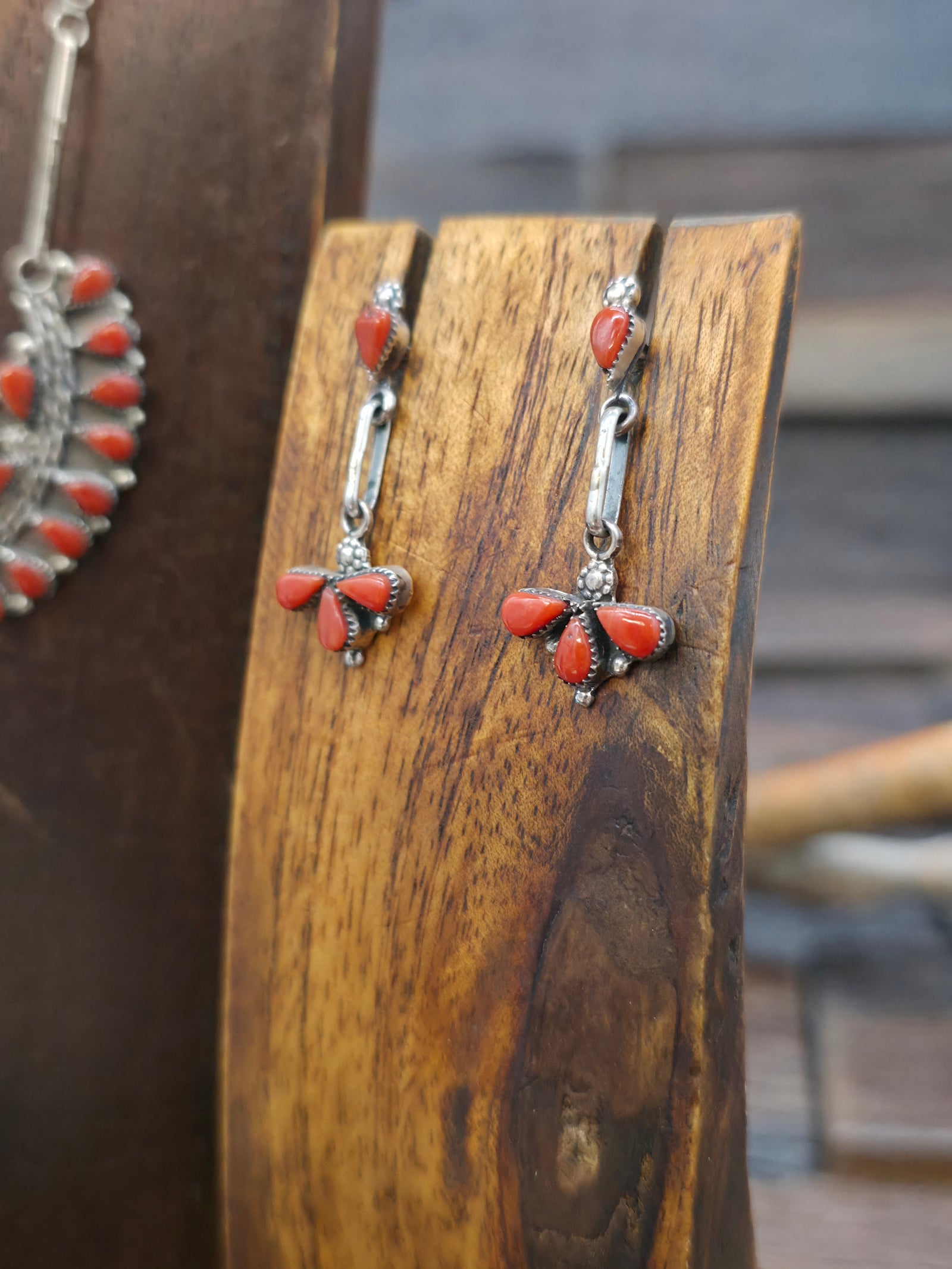 Zuni Sterling Silver and Coral Necklace and Earring Set - 21 in.