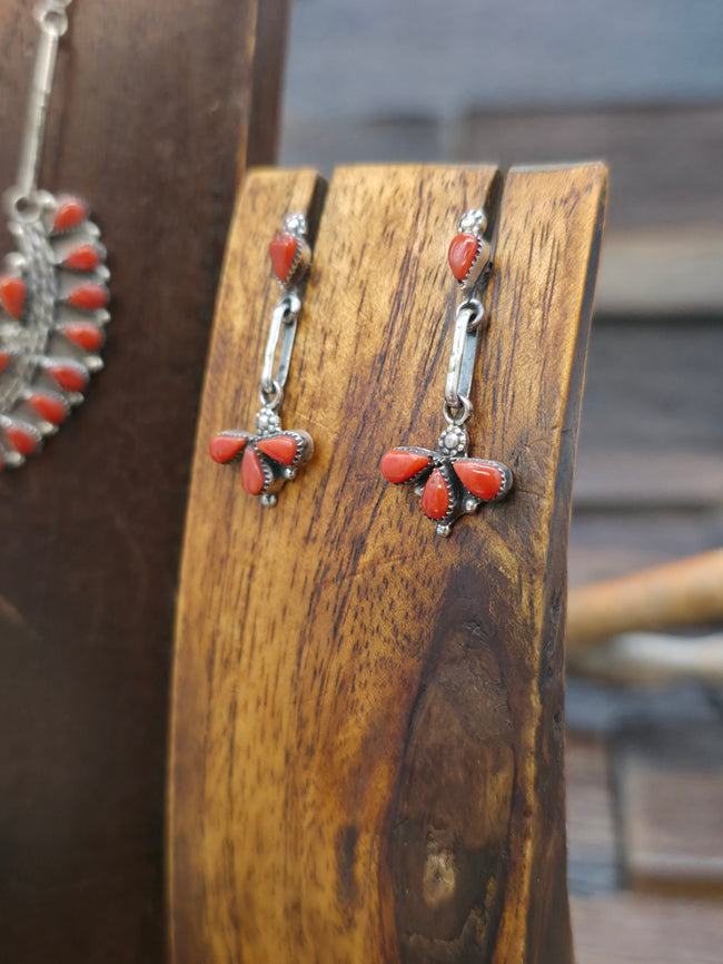 Zuni Sterling Silver and Coral Necklace and Earring Set - 21 in.