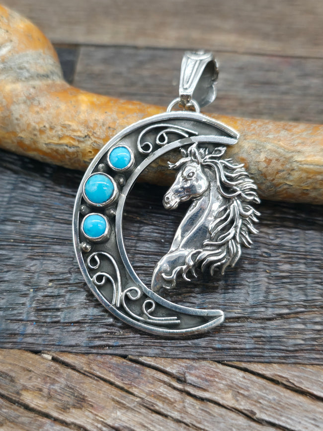 Sterling Silver Turquoise Crescent Moon and Horse Pendant by Arlene Lewis - 2 1/4 in. by 1 1/2 in.