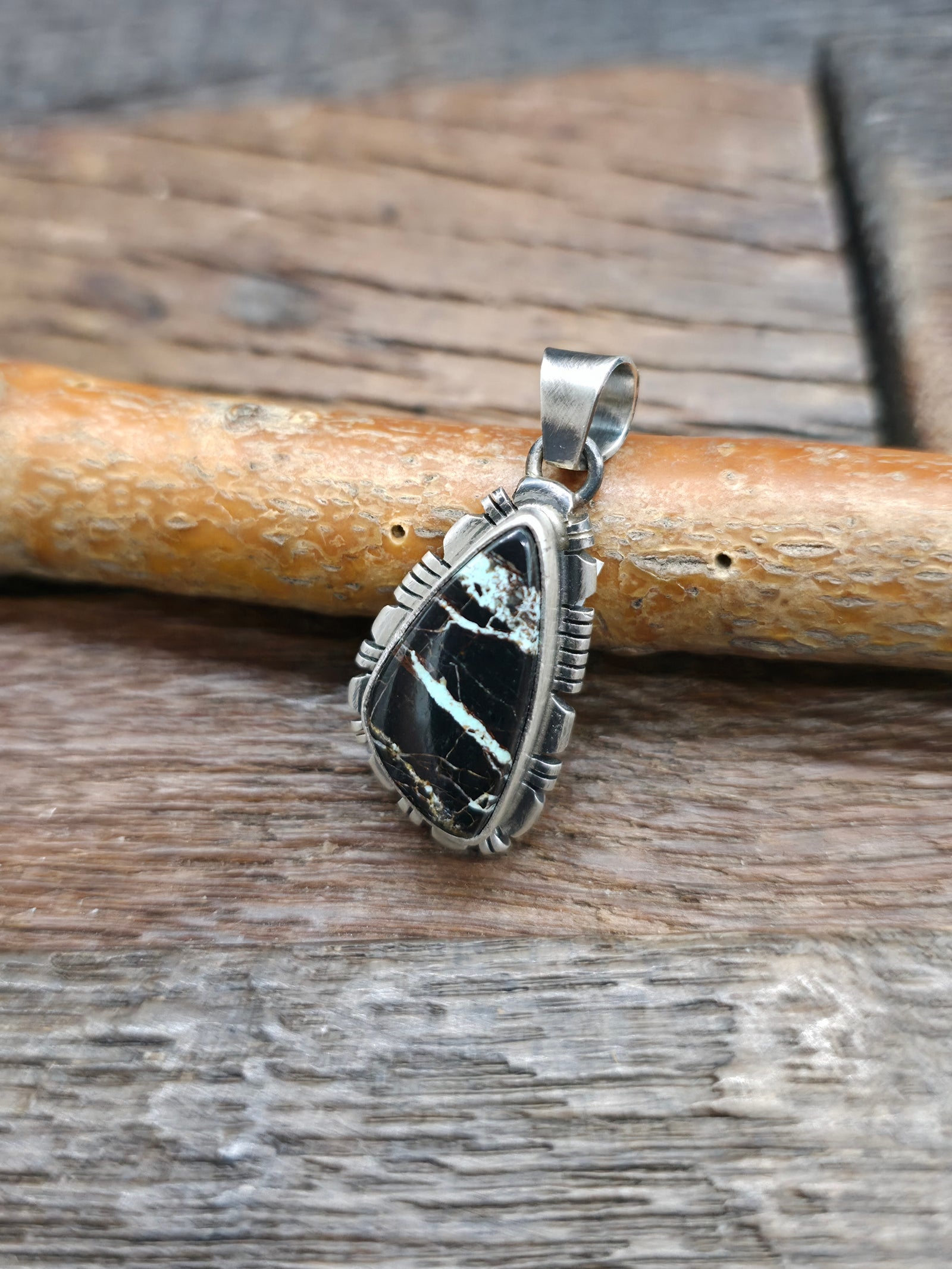 Sterling Silver Black Jack Turquoise Pendant - 1 1/4 in. by 1/2 in.