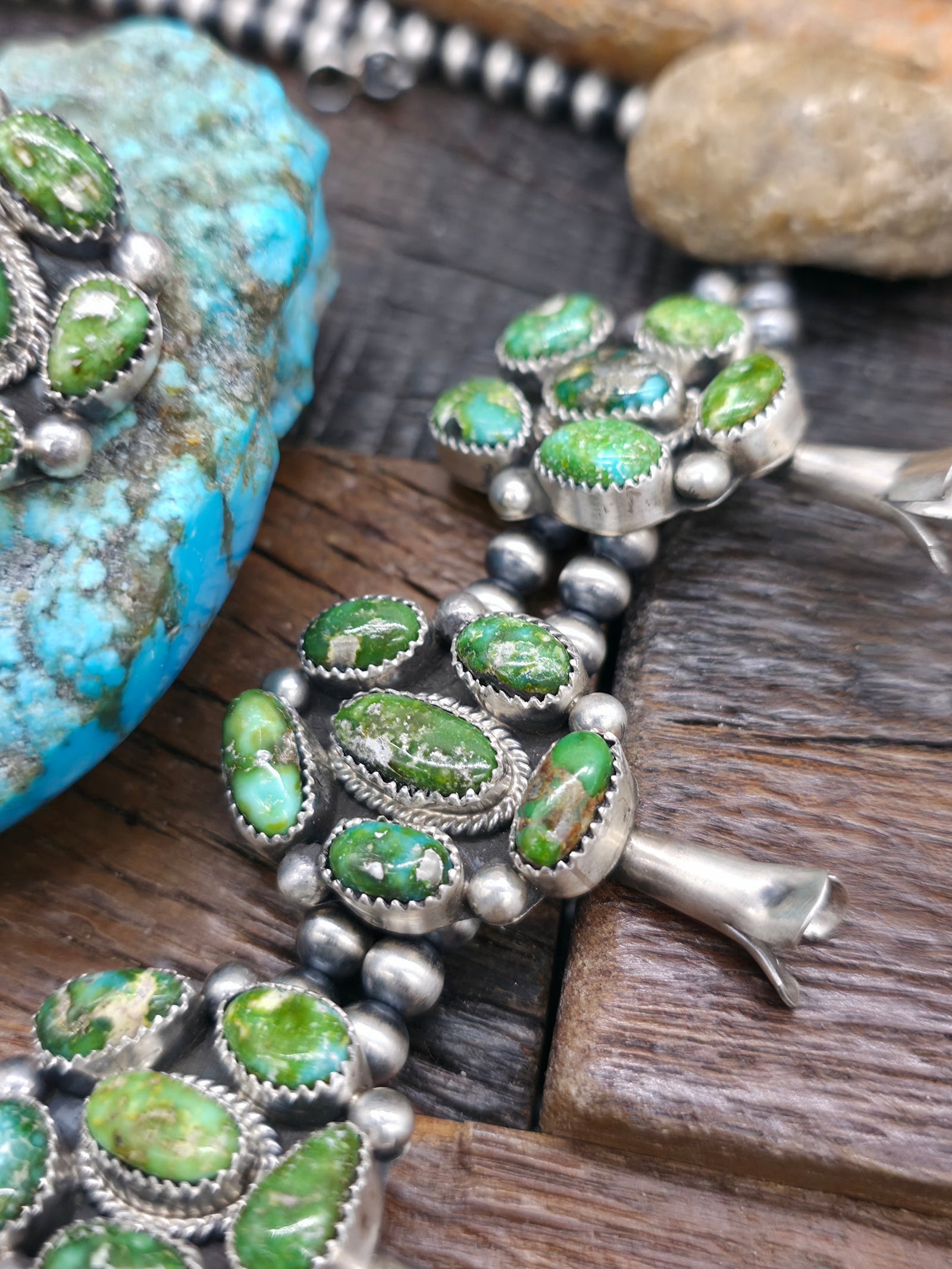 Sterling Silver Sonoran Turquoise Squash Blossom Necklace and Earring Set by Theresa Smith - 26 in.
