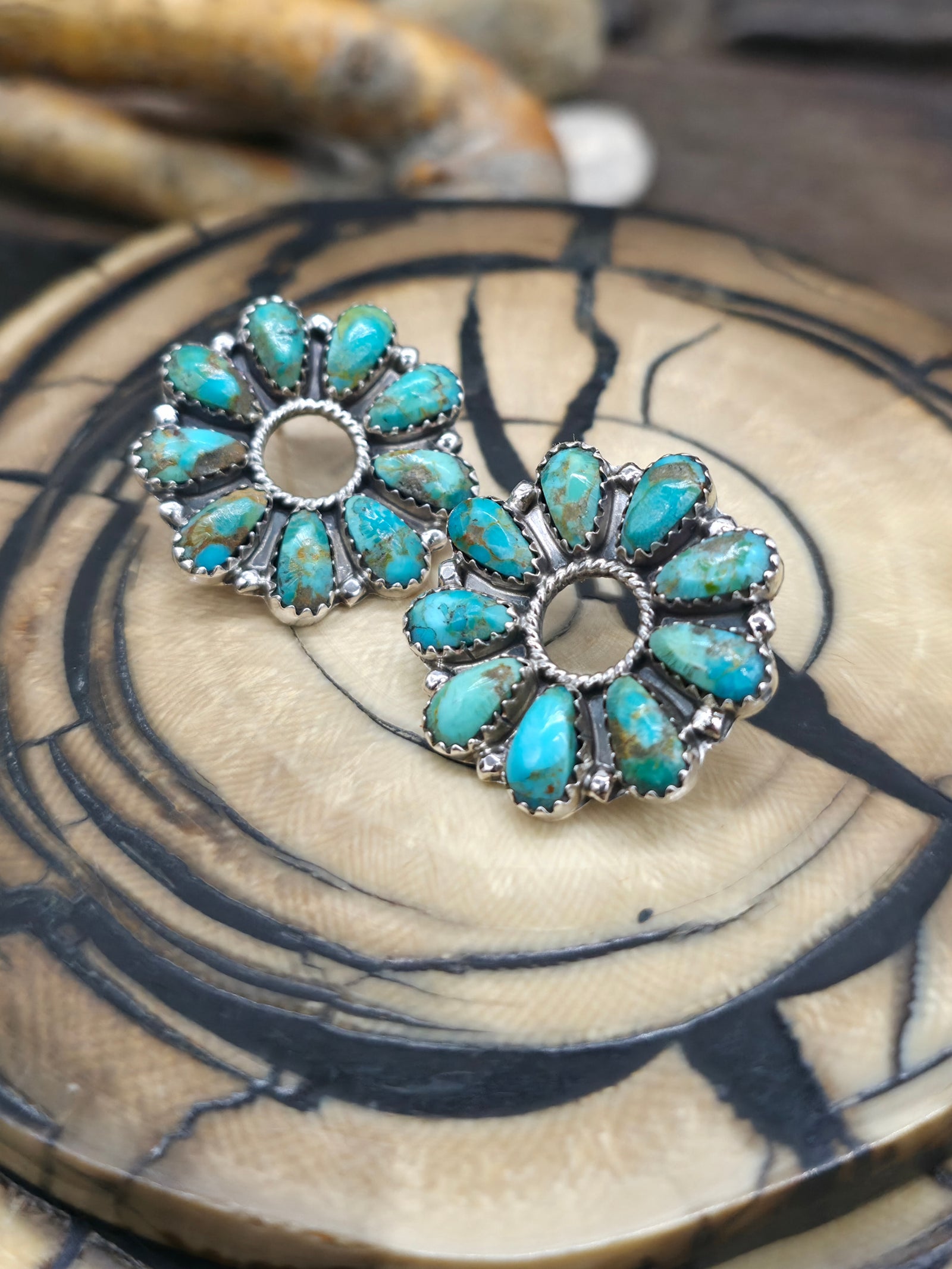 Sterling Silver Green Turquoise Circular Post Earrings by Ophelia Moses - 1 in.