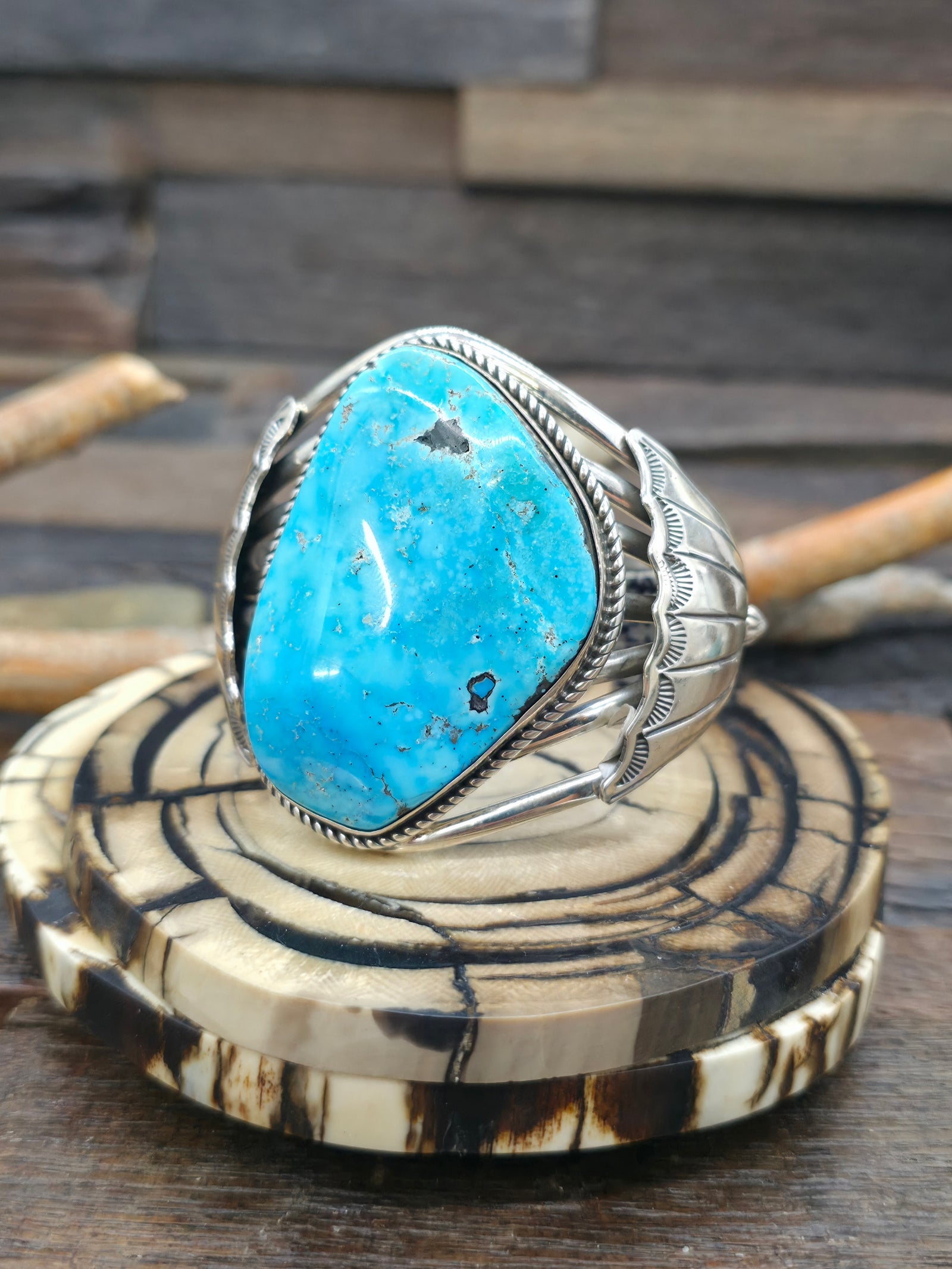High Shine Sterling Silver and Kingman Turquoise Cuff by LaRose Ganadanegro - 6 1/2 in with Gap