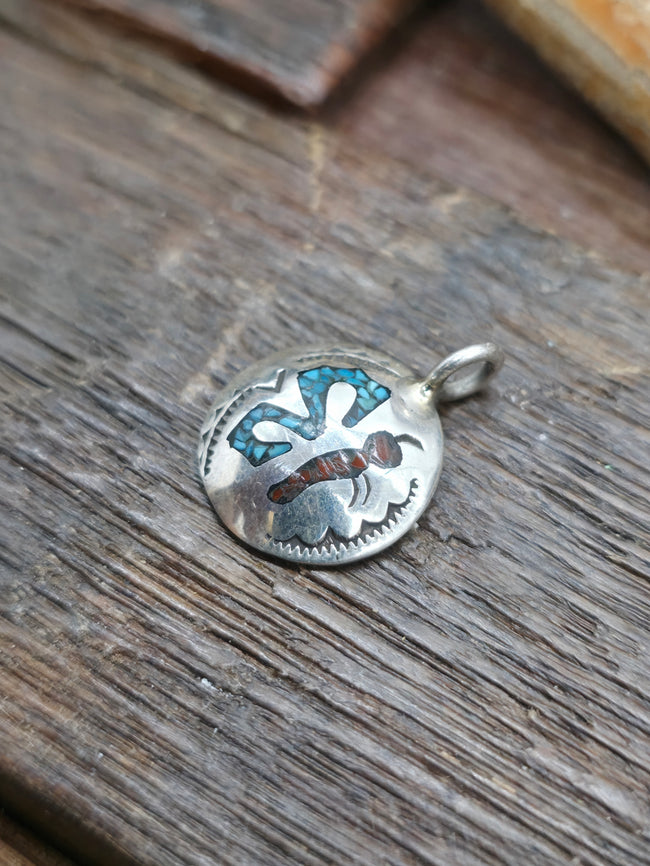 Sterling Silver Butterfly Pendant with Turquoise and Coral Chip Inlay